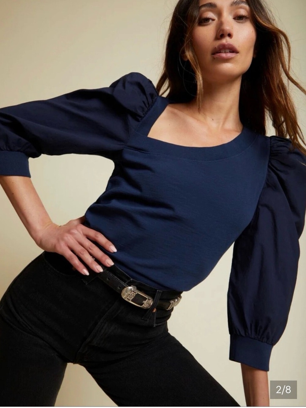 Nation LTD TORI Navy Square-Neck Puff Sleeve Top XS